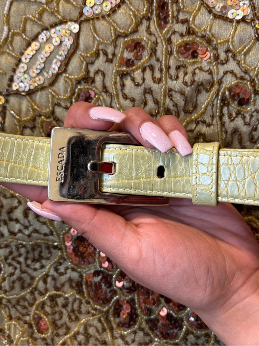ESCADA Pale Green Croc-Embossed Leather Belt